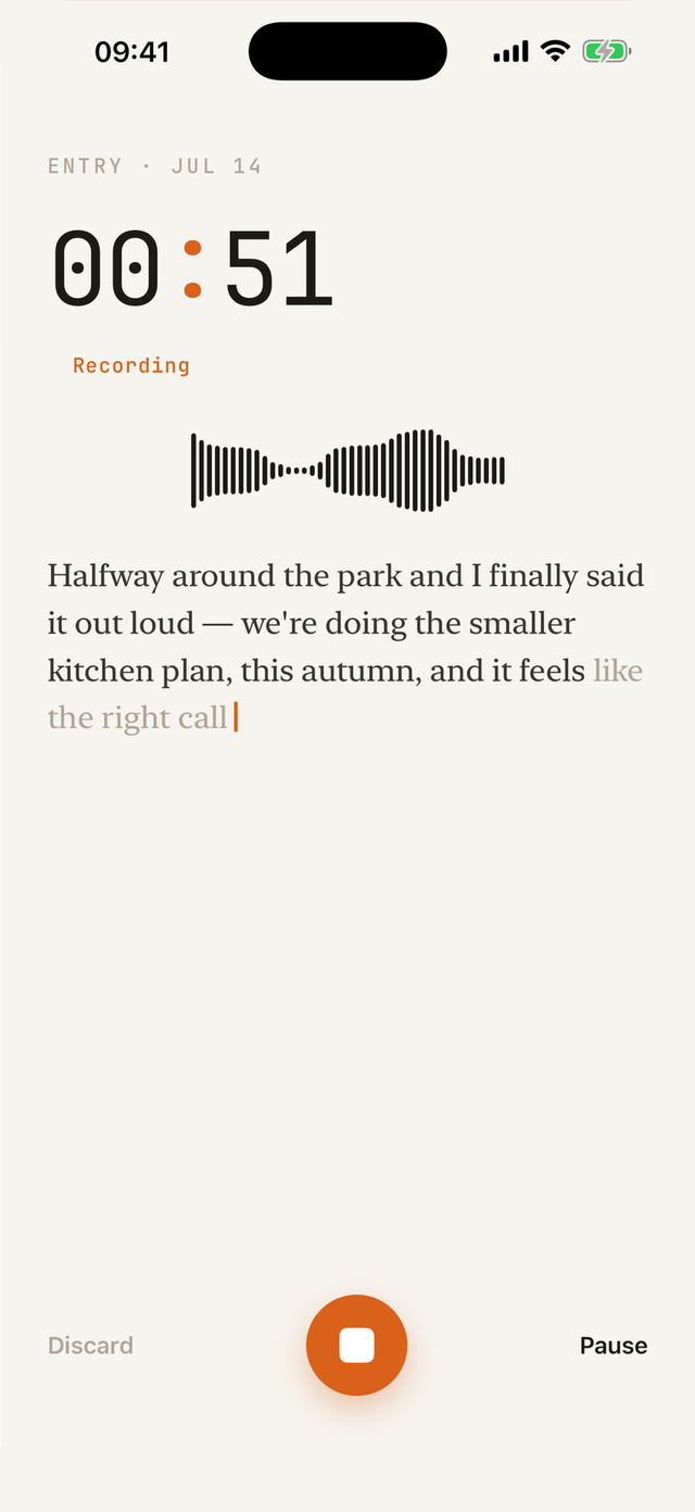 Aloud recording a voice journal entry, live transcript appearing as the user speaks