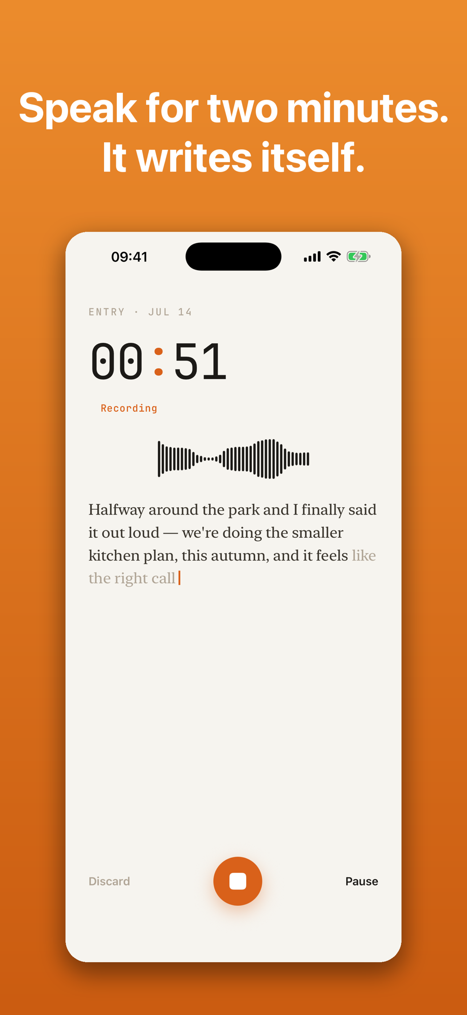 Aloud recording an entry: a timer, waveform and live transcript appear as you speak, under the headline 'Speak for two minutes. It writes itself.'