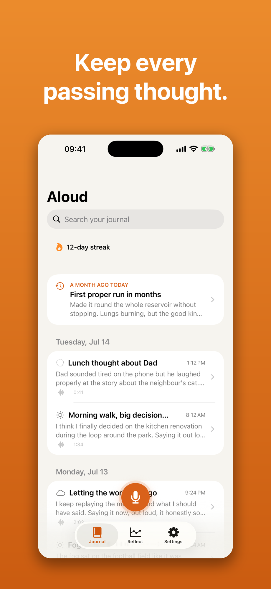 The journal list: titled, mood-tagged entries with a 12-day streak and an 'a month ago today' memory, under the headline 'Keep every passing thought.'