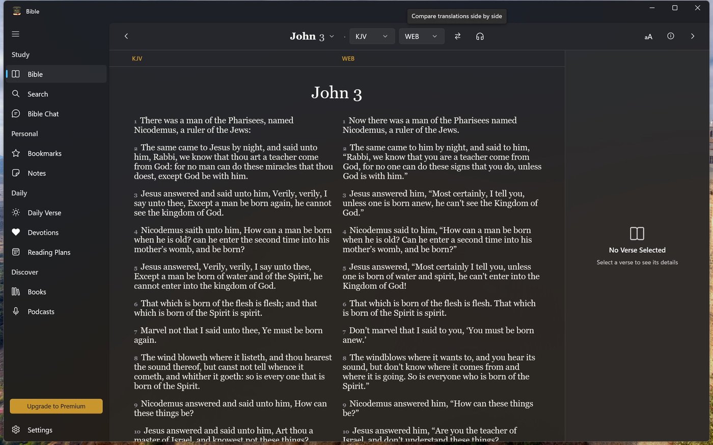 Side-by-side compare view with the King James Version and World English Bible in aligned columns