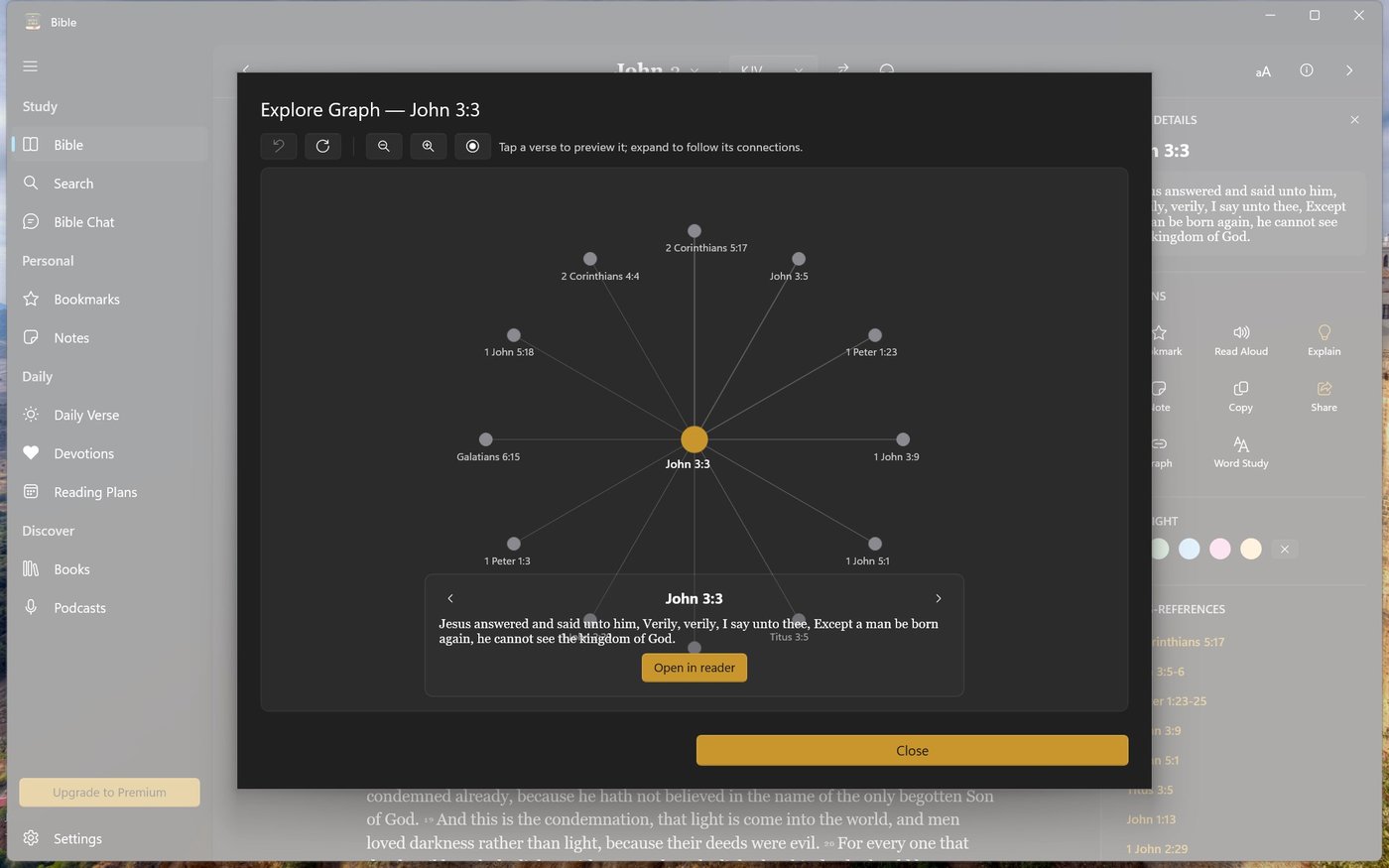 The Explore Graph mapping John 3:3 to its cross-references, with a preview of the verse and an Open in reader button