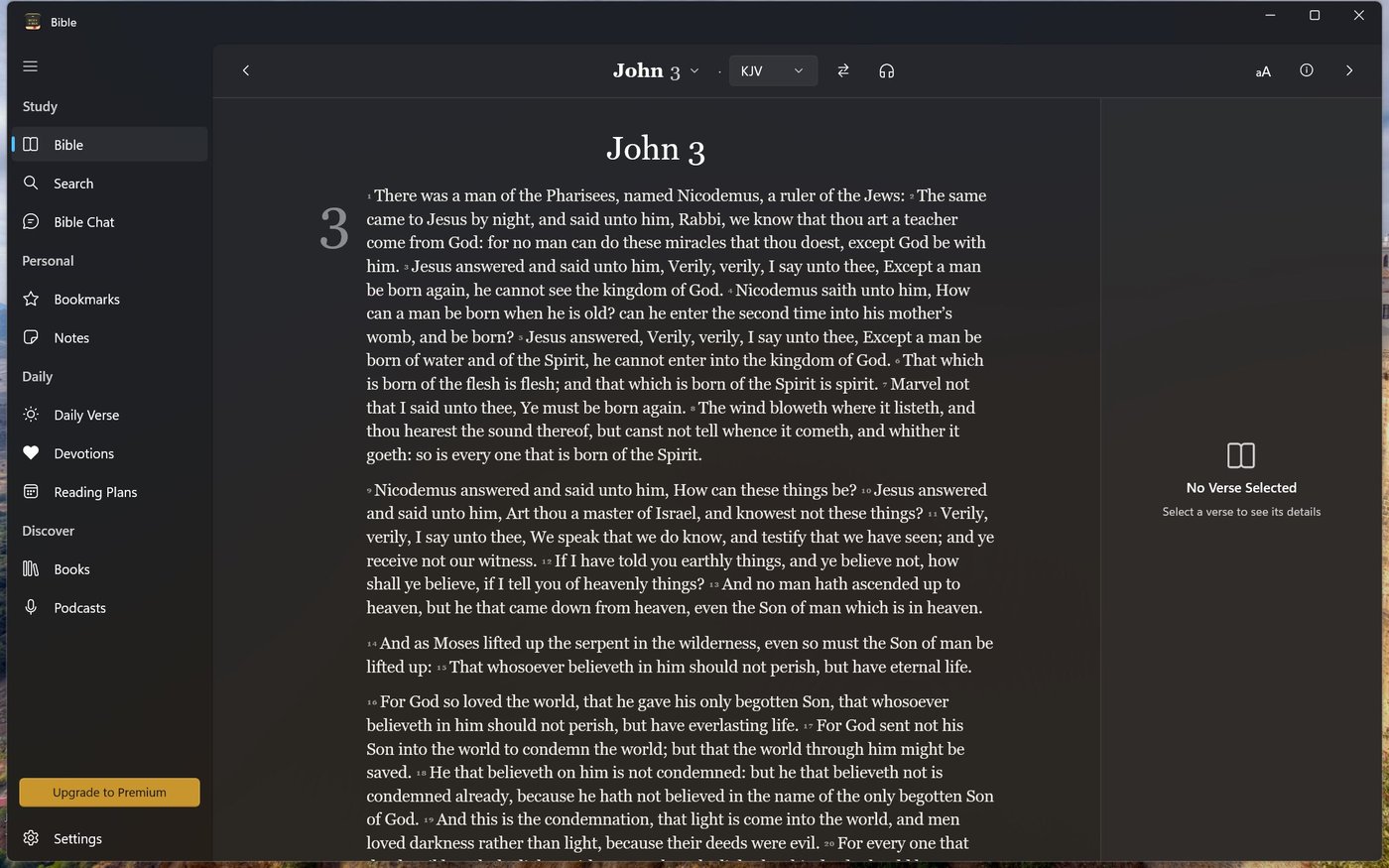 Bible Window reading John 3 in paragraph mode with serif typography and a chapter drop cap