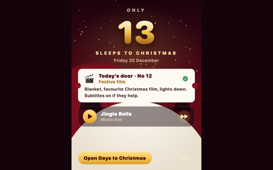 The Mac menu bar panel showing 13 sleeps to Christmas, today's Advent door and the music box playing Jingle Bells