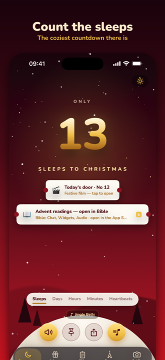 The Days to Christmas countdown screen: a large gold 13 above the words sleeps to christmas, with a card showing today's Advent door