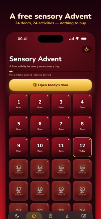 A free sensory Advent: the calendar grid of 24 numbered doors with a button to open today's door