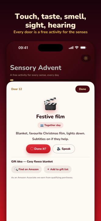 Touch, taste, smell, sight, hearing: door 12 opened to a Festive film activity, with the note Subtitles on if they help, a gift idea and a Speak button