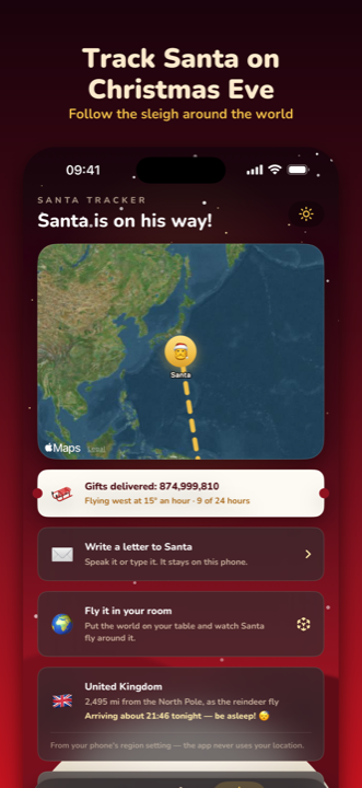 Track Santa on Christmas Eve: a map with the sleigh over the ocean, a gifts delivered counter, and a card giving the arrival time for the United Kingdom