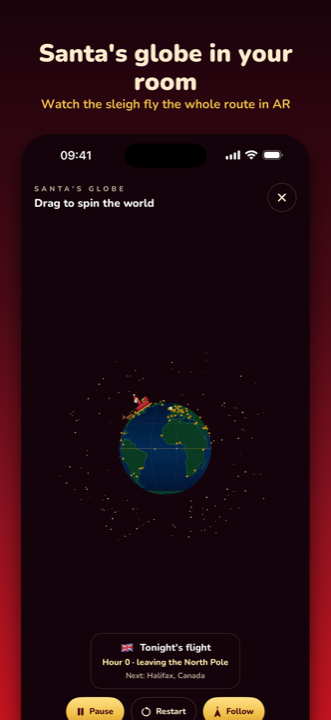 Santa's globe in your room: a spinnable 3D globe with the sleigh flying its route between gold pins, shown in augmented reality