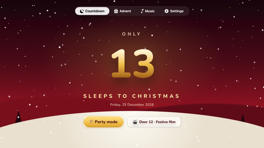 Apple TV showing a large gold 13 above sleeps to christmas over a snowy hillside, with tabs for Countdown, Advent, Music and Settings, a Party mode button and a card reading Door 12, Festive film