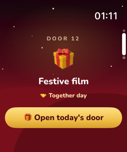 Apple Watch showing door 12, a gift box, the title Festive film and a button reading Open today's door