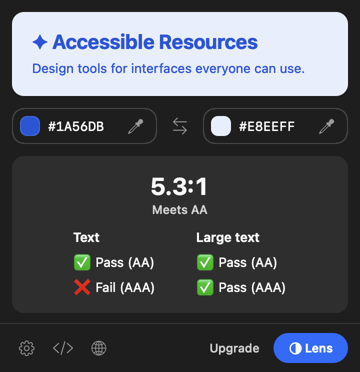 The same contrast checker card in dark mode.