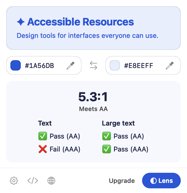 The compact contrast checker card in light mode: foreground and background color swatches with hex fields, the contrast ratio with the verdict Meets AA, and pass or fail marks for AA and AAA at both text sizes.