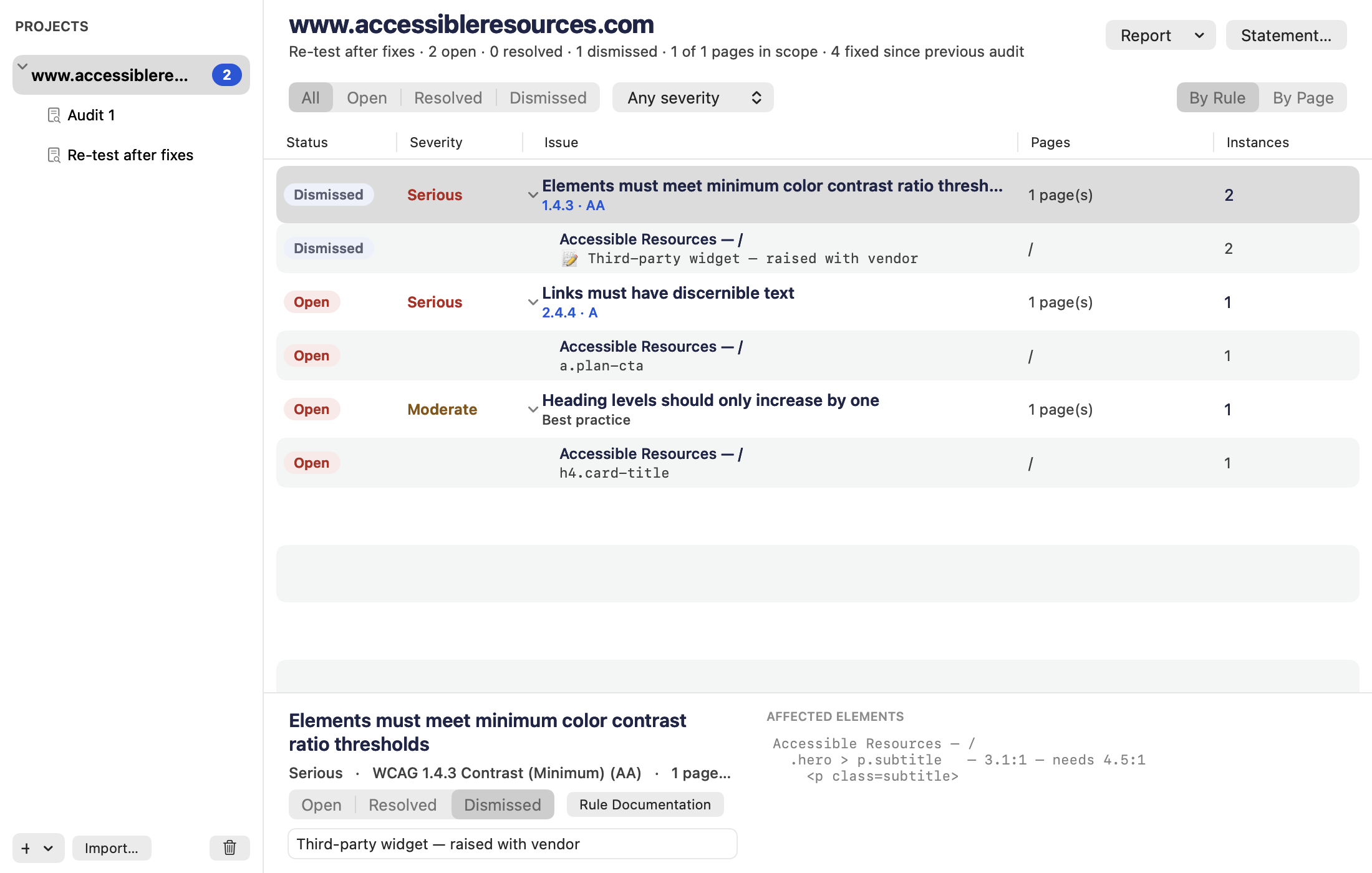 The Reports Hub window. A sidebar lists projects with audit rounds beneath each; the main area shows a findings table grouped by rule, where each row carries an Open, Resolved, or Dismissed status pill; a detail pane along the bottom shows the selected rule, its WCAG reference, triage controls, and the affected elements.