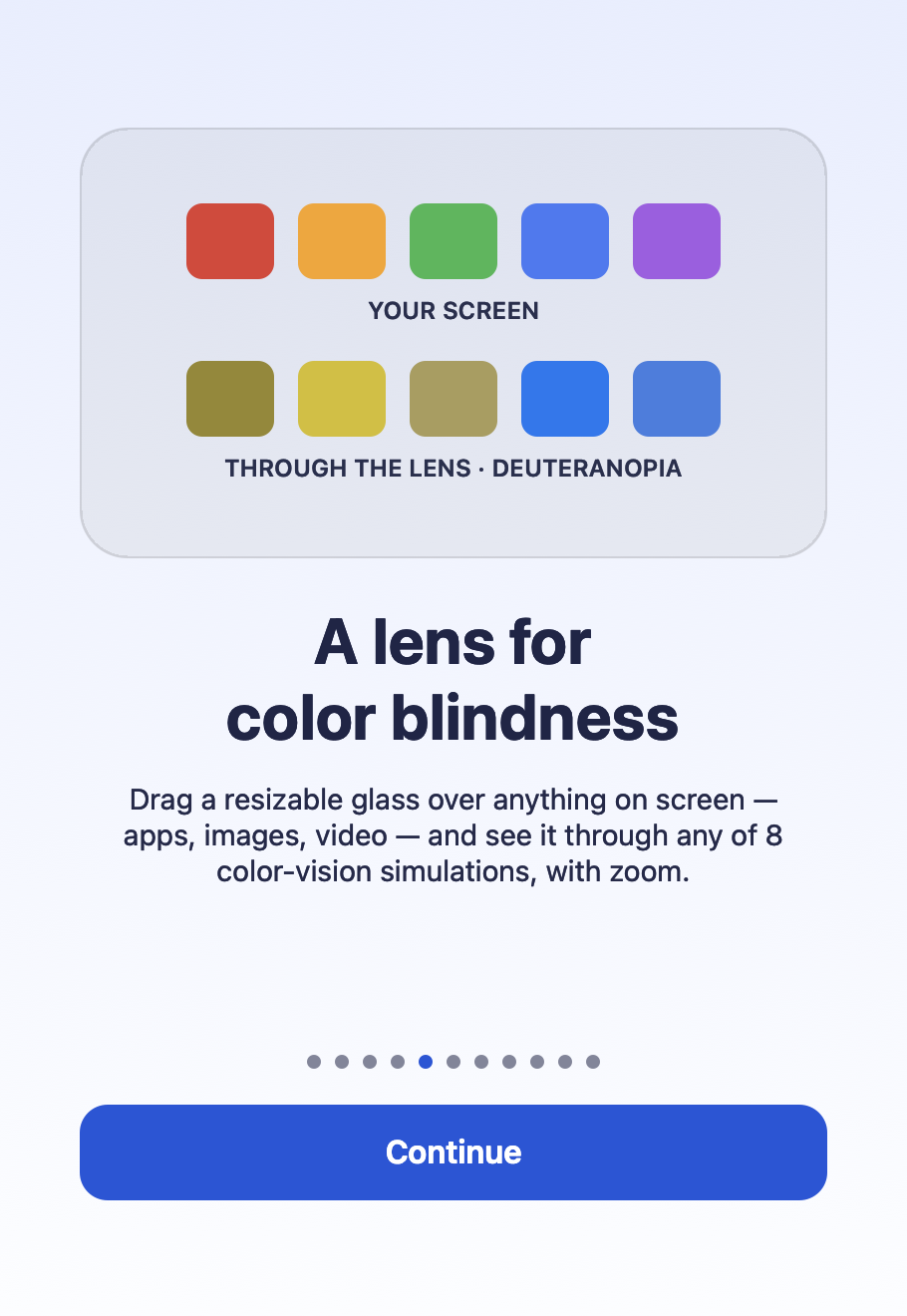 Illustration of the Lens: a row of color swatches shown with typical color vision next to the same swatches through the deuteranopia simulation, where the red and green swatches become nearly indistinguishable.