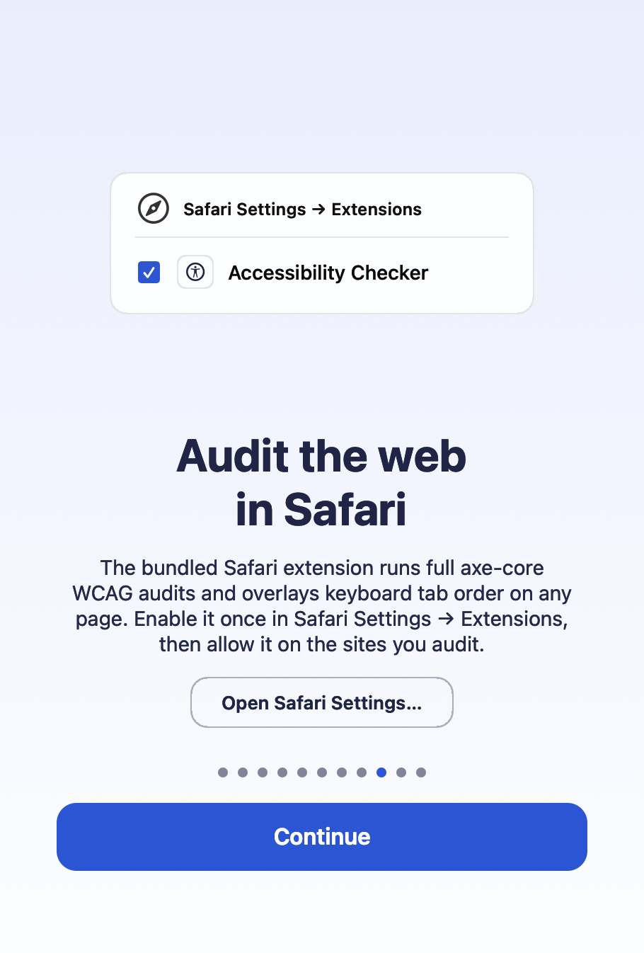 Onboarding screen titled Enable the Safari extension, showing a mock of Safari Settings open at the Extensions tab with the Accessibility Checker extension switched on.