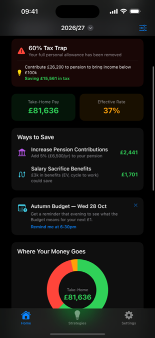HENRY's dashboard warning of the 60% tax trap, with the exact pension contribution that escapes it and a £15,561 saving