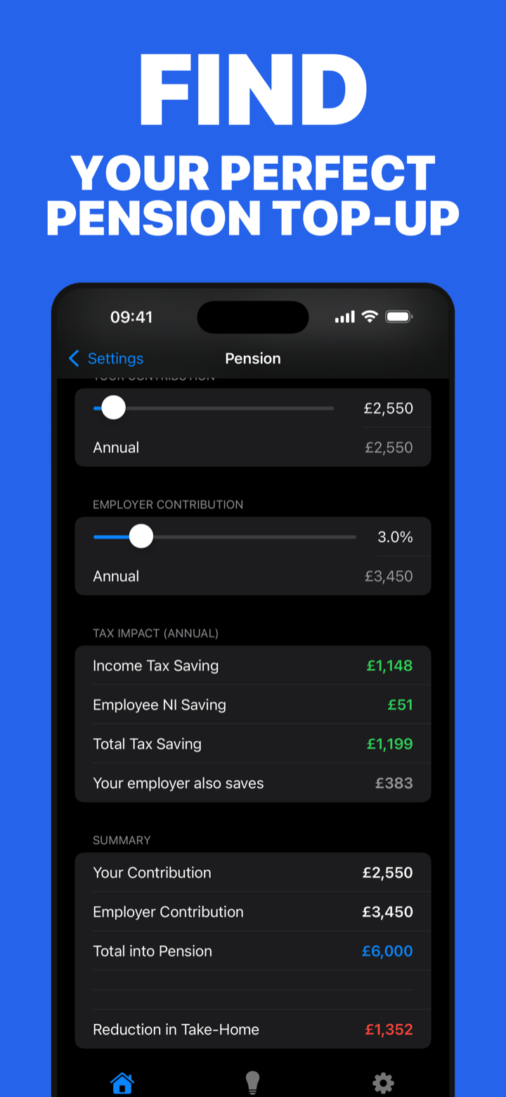 Find your perfect pension top-up: the pension screen's tax impact table with income tax and National Insurance savings, and the total going into your pension
