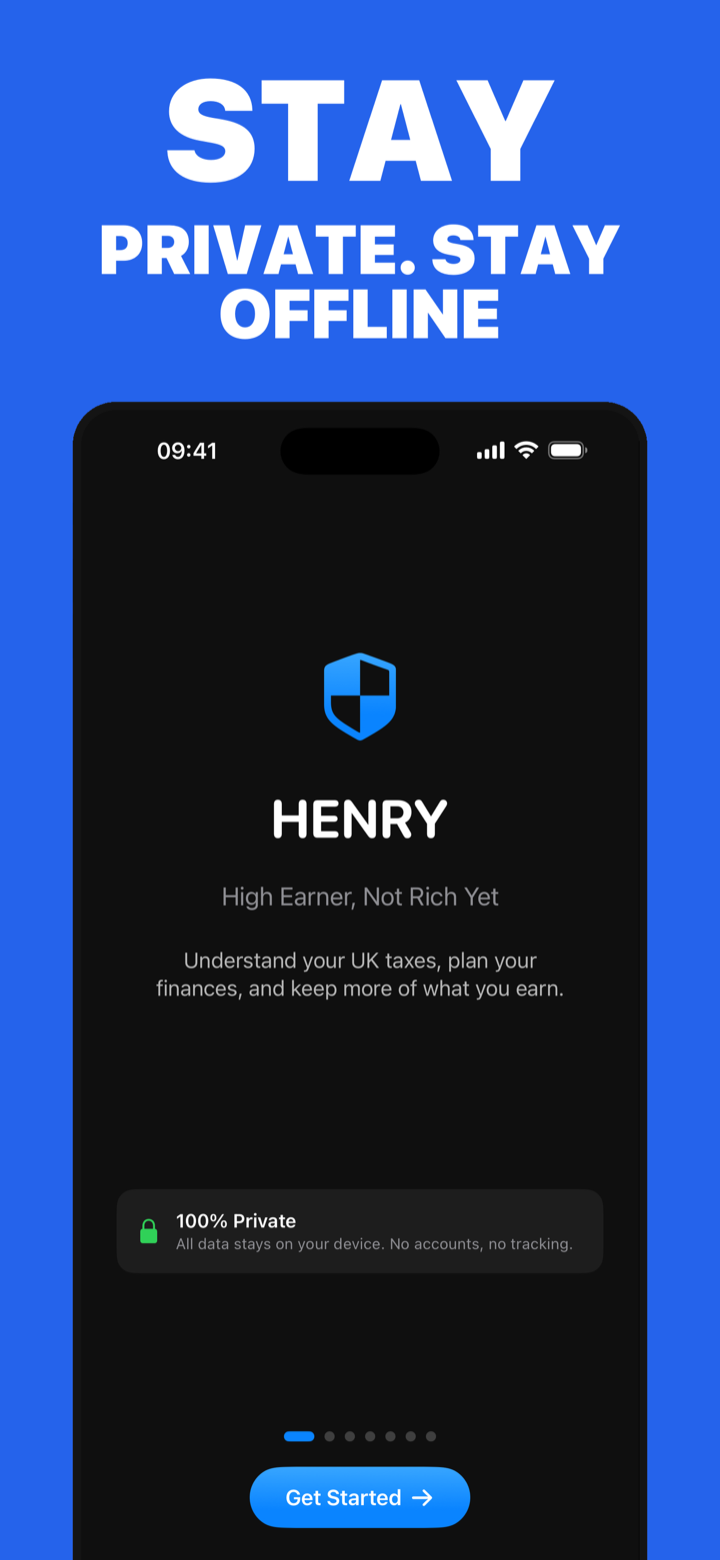 Stay private, stay offline: HENRY's welcome screen with the 100% Private badge — all data stays on your device, no accounts, no tracking