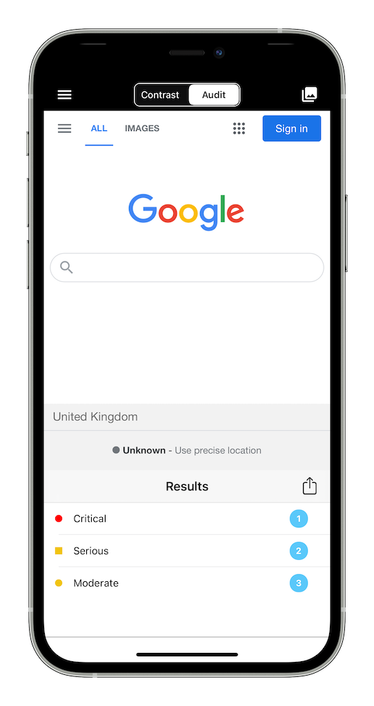 Accessibility Checker automated audit screen showing a list of detected issues on a webpage