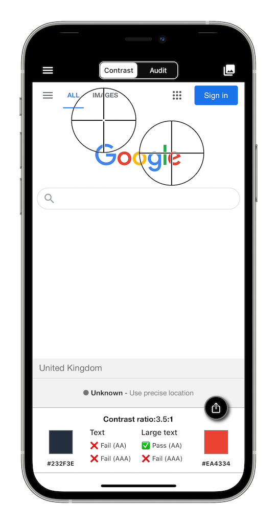 Accessibility Checker home screen showing color picker and contrast ratio