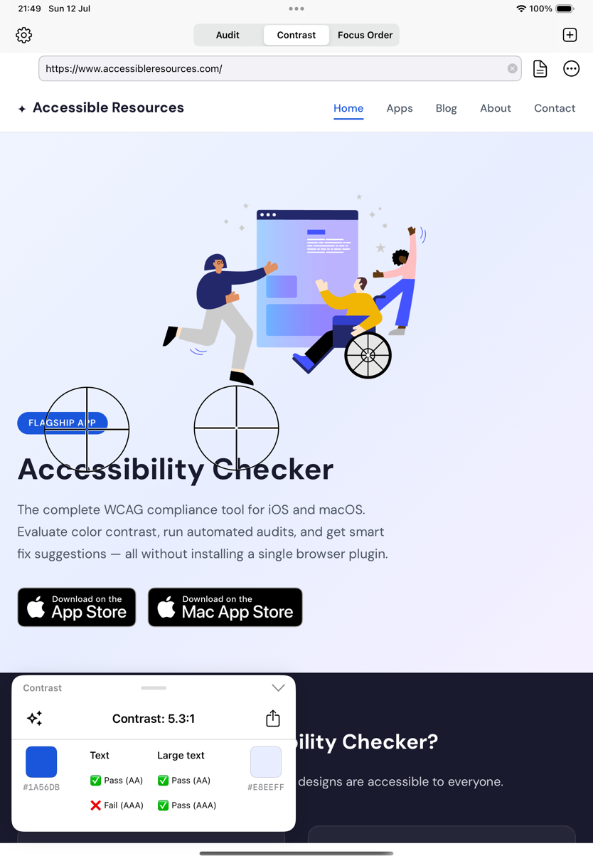 Accessibility Checker on iPad with the page full-bleed and contrast results shown in a floating card in the corner