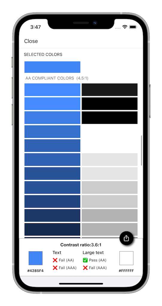 Accessibility Checker showing suggested accessible color alternatives